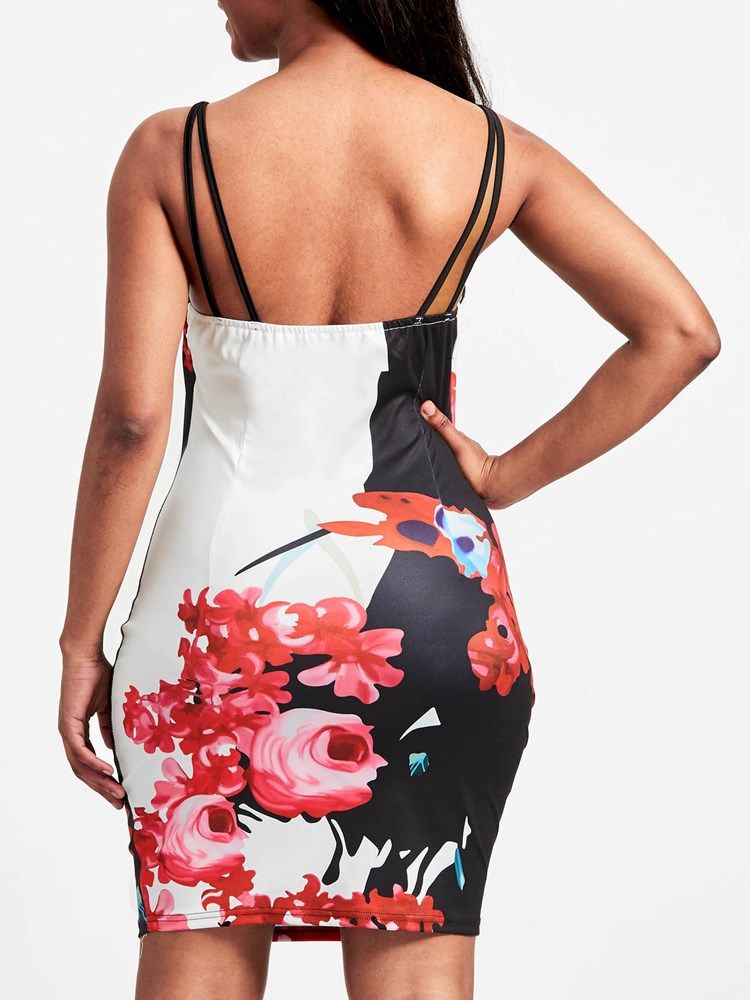 Robe Moulante Dos Nu À Bretelles Spaghetti À Imprimé Floral Pour Femmes