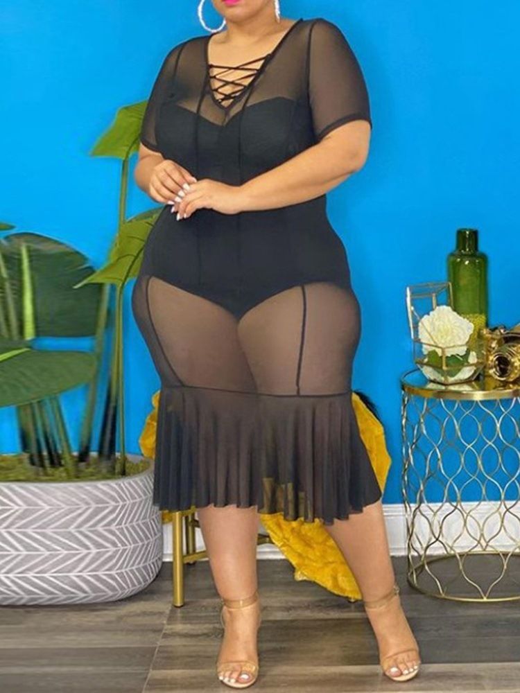 Robe Moulante À Encolure En V Transparente À Mi-mollet Pour Femmes Grande Taille