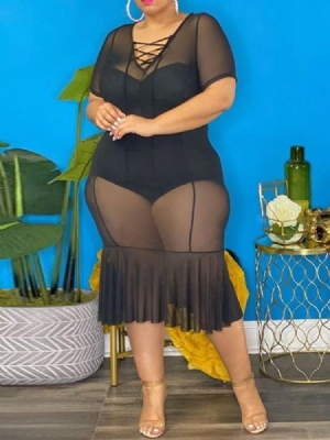 Robe Moulante À Encolure En V Transparente À Mi-mollet Pour Femmes Grande Taille