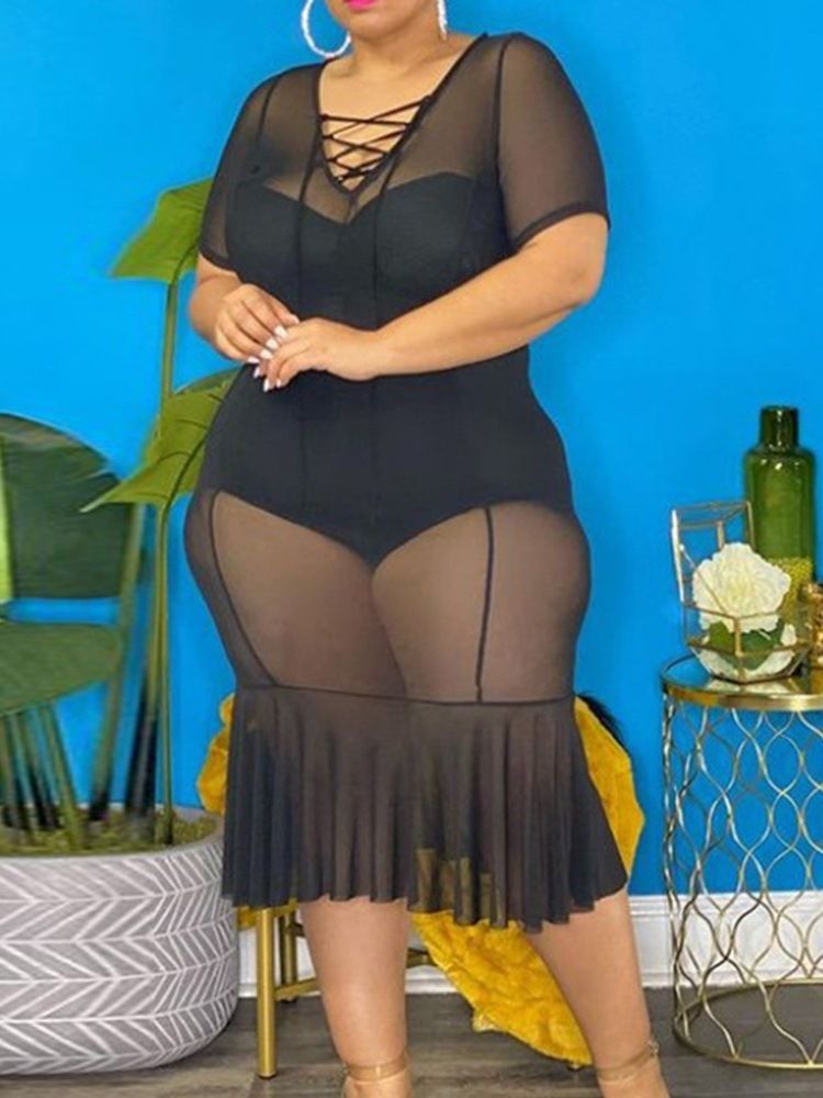 Robe Moulante À Encolure En V Transparente À Mi-mollet Pour Femmes Grande Taille