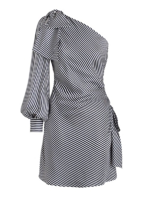 Robe Moulante Pour Femmes À Col Oblique Et À Manches Lanternes