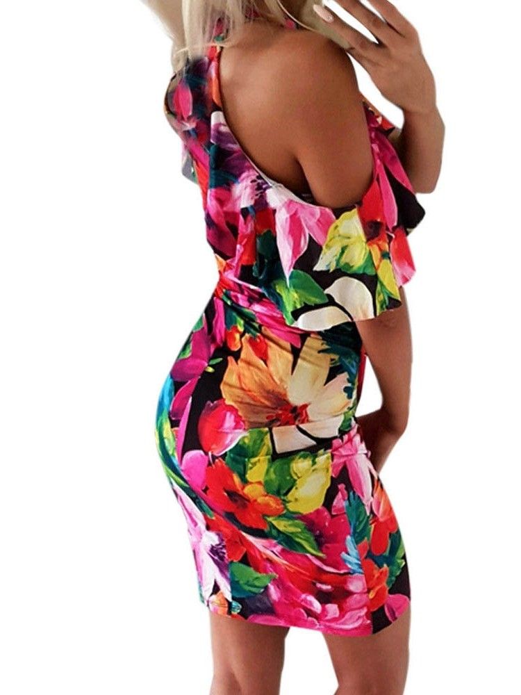 Robe Moulante À Imprimé Floral À Épaules Dénudées Au-dessus Du Genou Pour Femmes