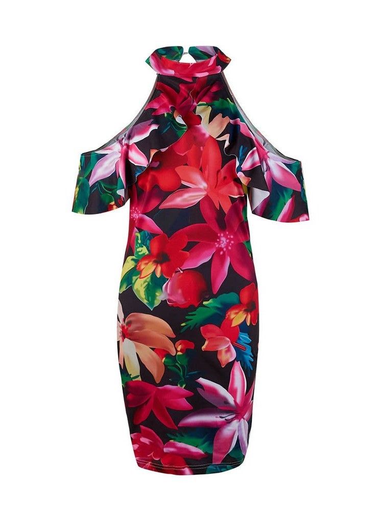 Robe Moulante À Imprimé Floral À Épaules Dénudées Au-dessus Du Genou Pour Femmes