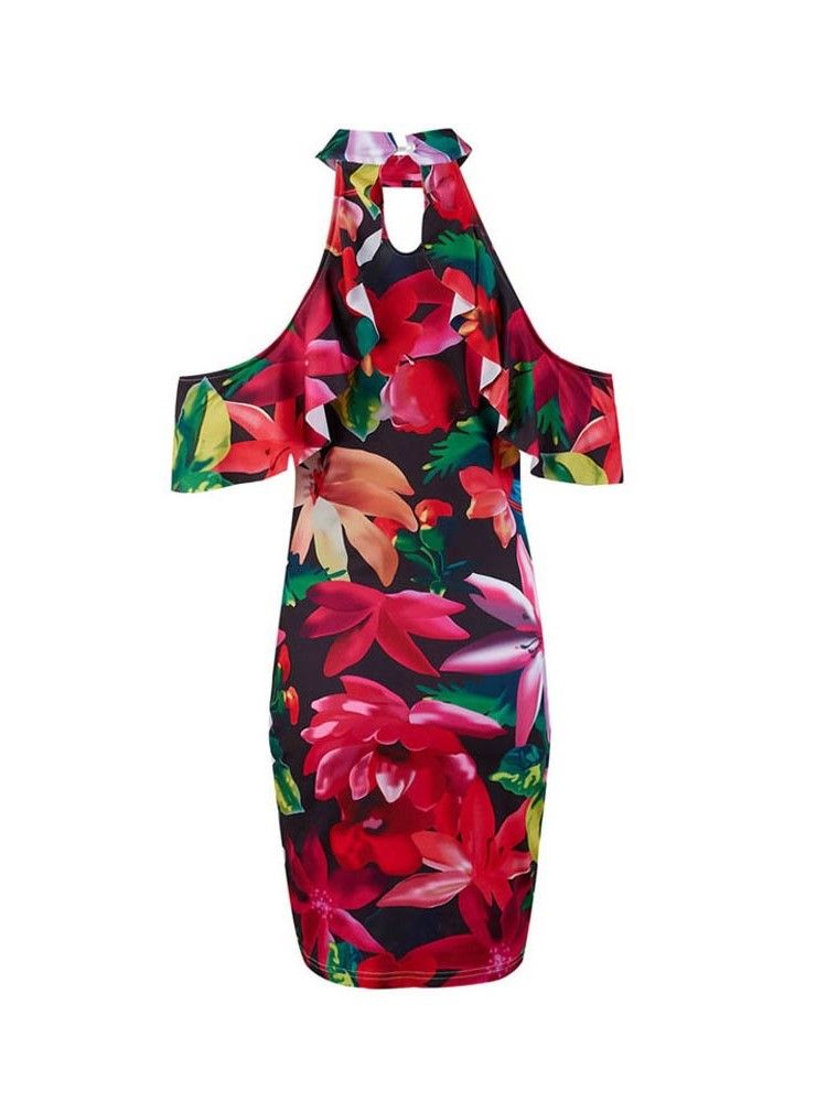 Robe Moulante À Imprimé Floral À Épaules Dénudées Au-dessus Du Genou Pour Femmes