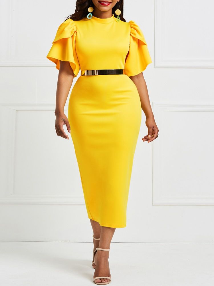 Robe Moulante Jaune À Manches À Volants Pour Femmes (sans Ceinture)