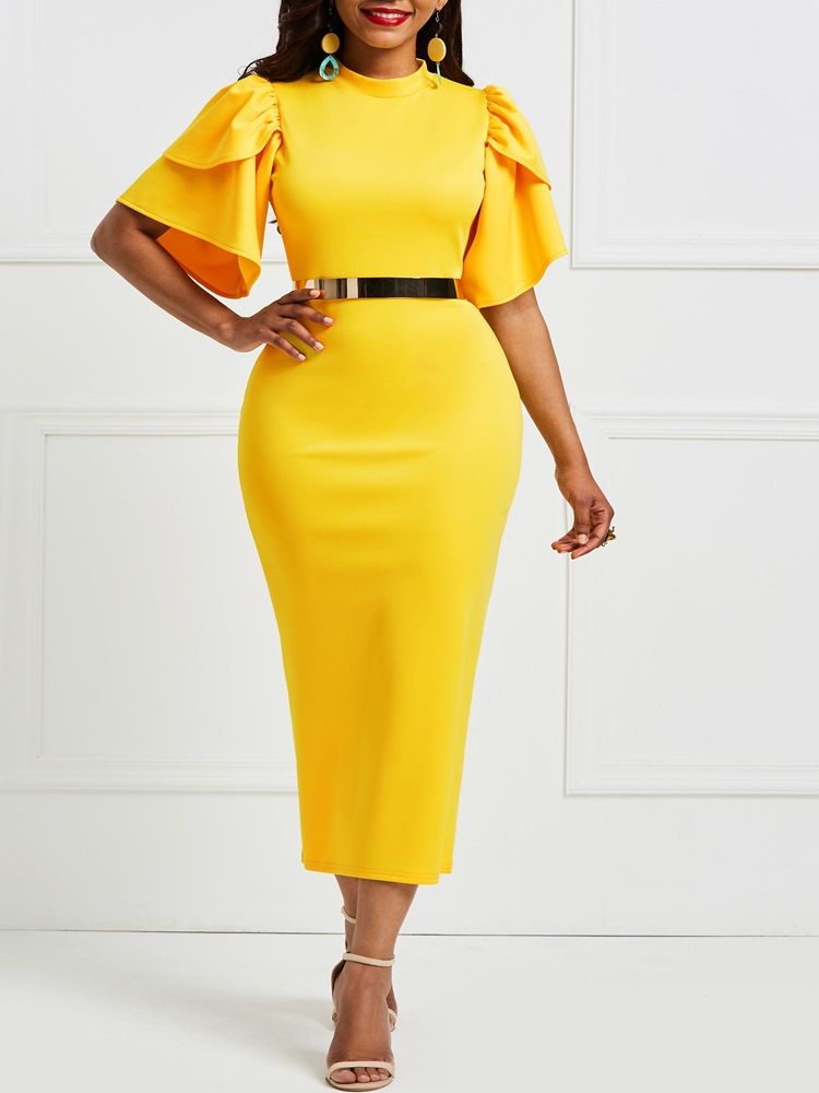 Robe Moulante Jaune À Manches À Volants Pour Femmes (sans Ceinture)