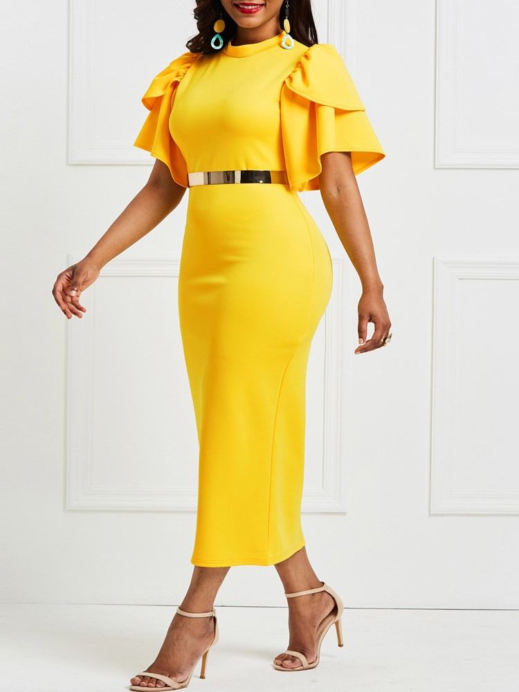 Robe Moulante Jaune À Manches À Volants Pour Femmes (sans Ceinture)