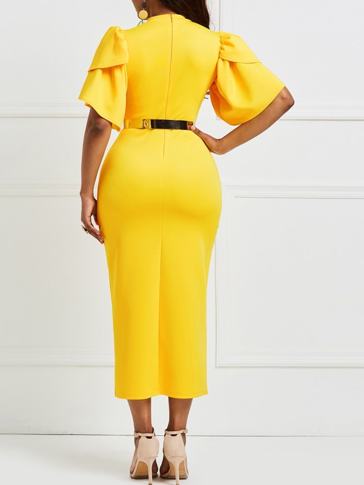 Robe Moulante Jaune À Manches À Volants Pour Femmes (sans Ceinture)