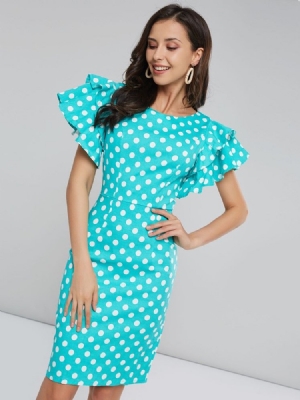 Robe Moulante À Manches Pétales Et À Pois Pour Femmes