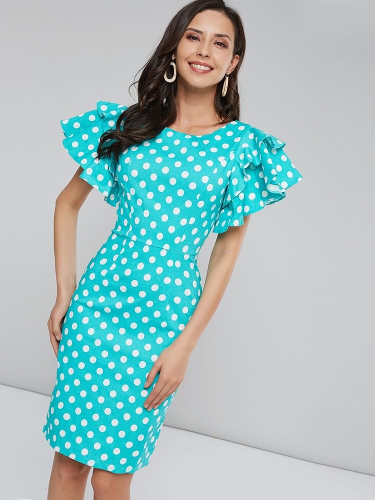 Robe Moulante À Manches Pétales Et À Pois Pour Femmes