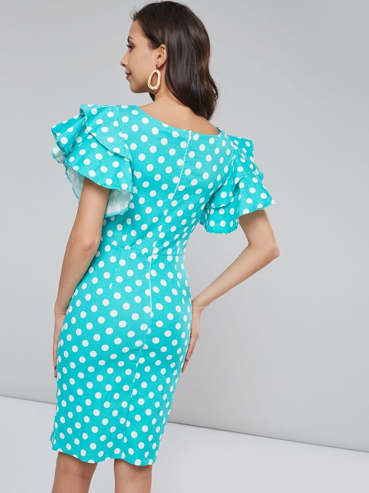 Robe Moulante À Manches Pétales Et À Pois Pour Femmes