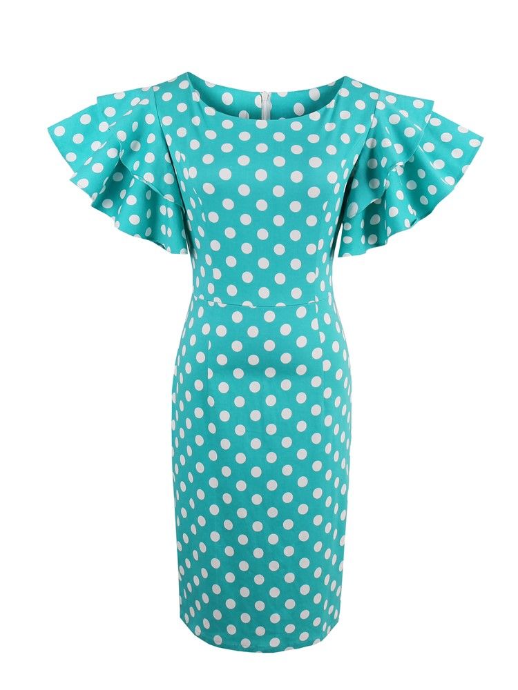 Robe Moulante À Manches Pétales Et À Pois Pour Femmes