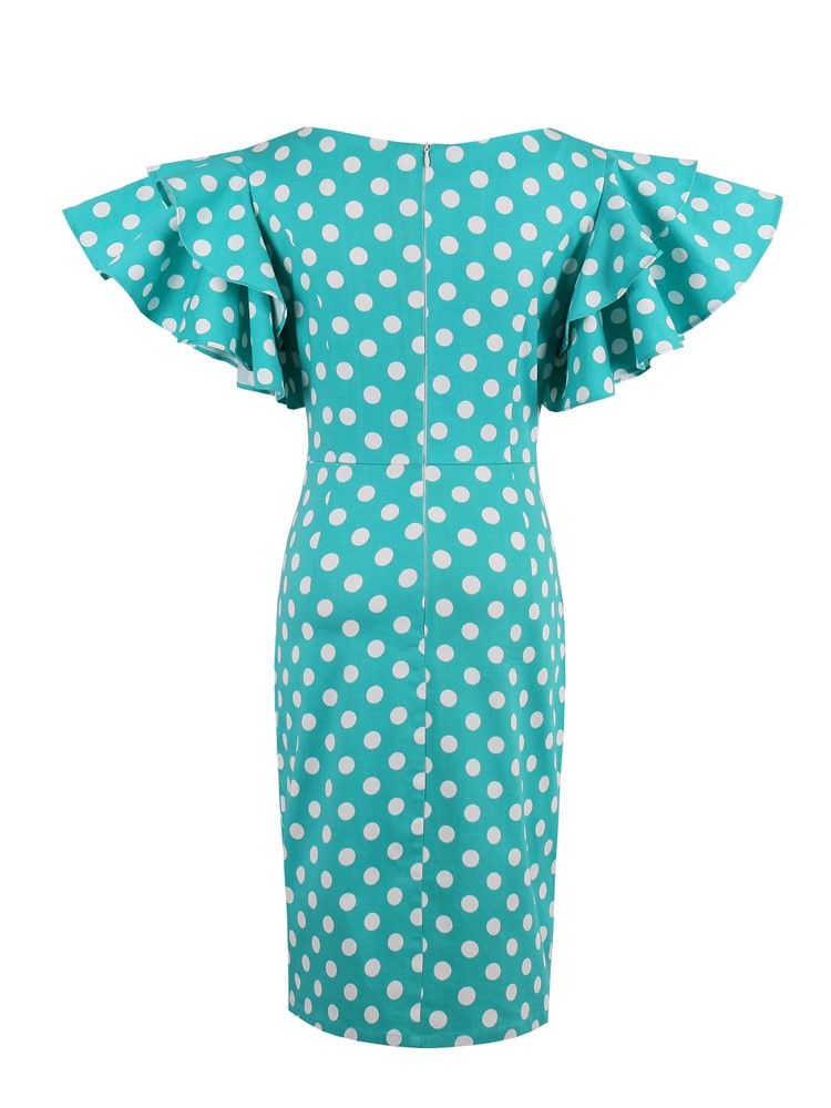 Robe Moulante À Manches Pétales Et À Pois Pour Femmes