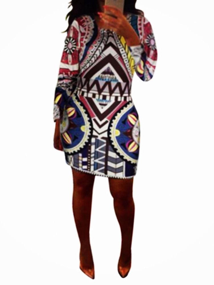 Robe Moulante À La Mode Africaine À Col Rond Et Géométrique Au-dessus Du Genou