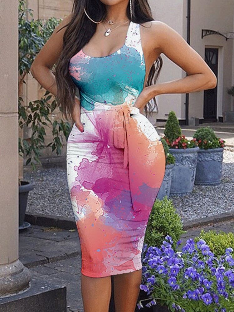 Robe Moulante Sans Manches Tie-dye Mi-mollet Pour Femme