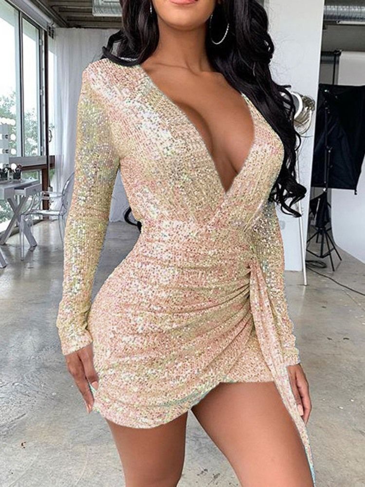 Robe Moulante Sexy À Manches Longues Et À Encolure En V Pour Femmes