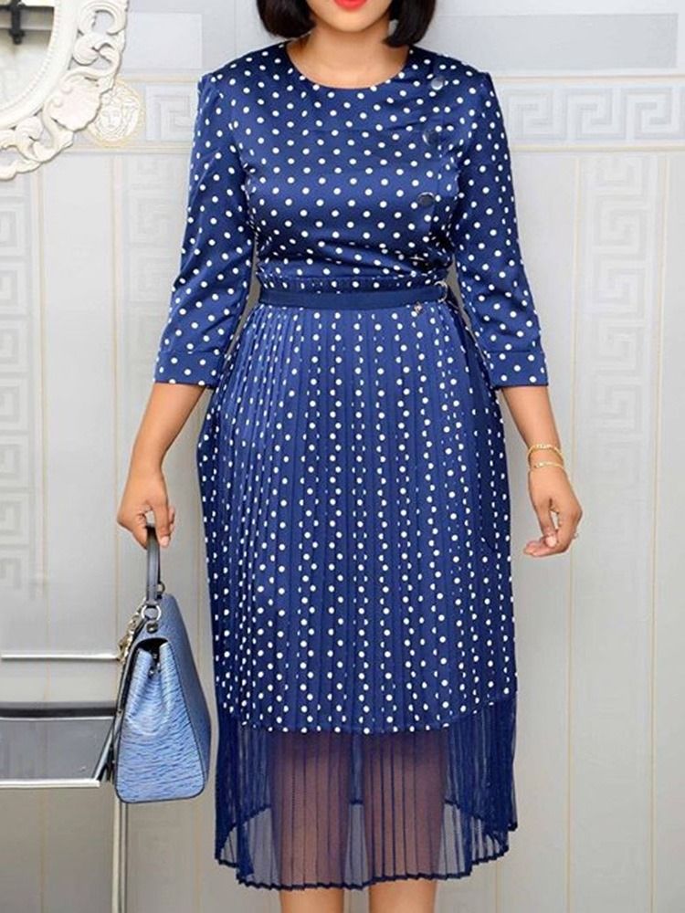 Robe À Pois À Taille Haute Et À Manches Imprimées Pour Femmes