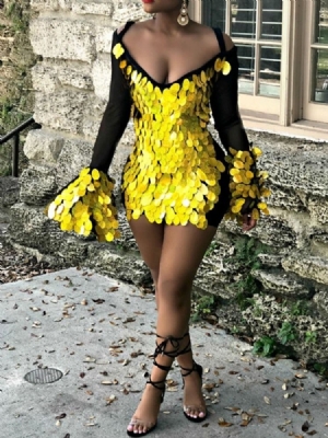 Robe De Printemps Sexy À Manches Longues Et À Encolure En V Pour Femmes