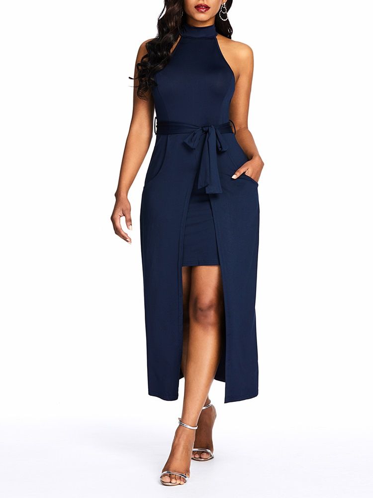 Robe Pull Asymétrique Fendue Mi-mollet Sans Manches Pour Femme