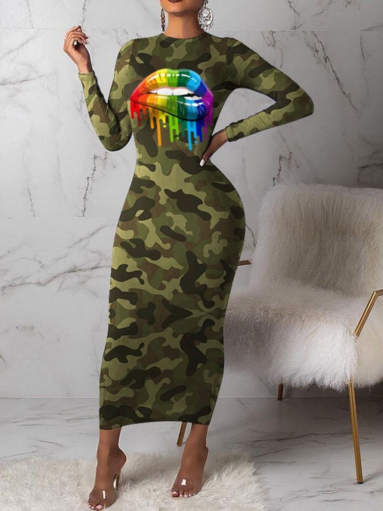 Robe Régulière À Col Rond Et Imprimé Camouflage Mi-mollet Pour Femme