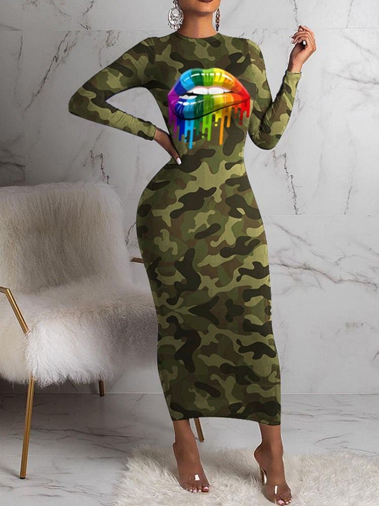 Robe Régulière À Col Rond Et Imprimé Camouflage Mi-mollet Pour Femme