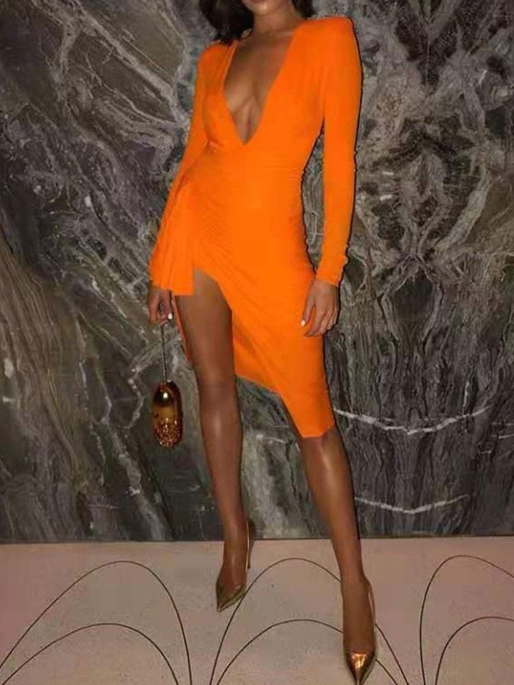 Robe Régulière Sexy À Manches Longues Et À Encolure En V Pour Femmes