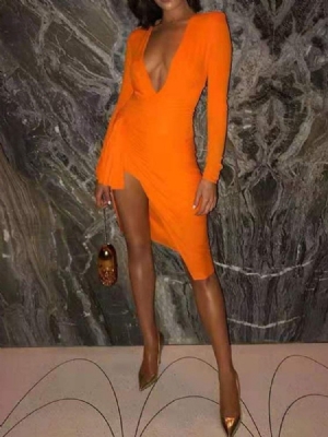 Robe Régulière Sexy À Manches Longues Et À Encolure En V Pour Femmes