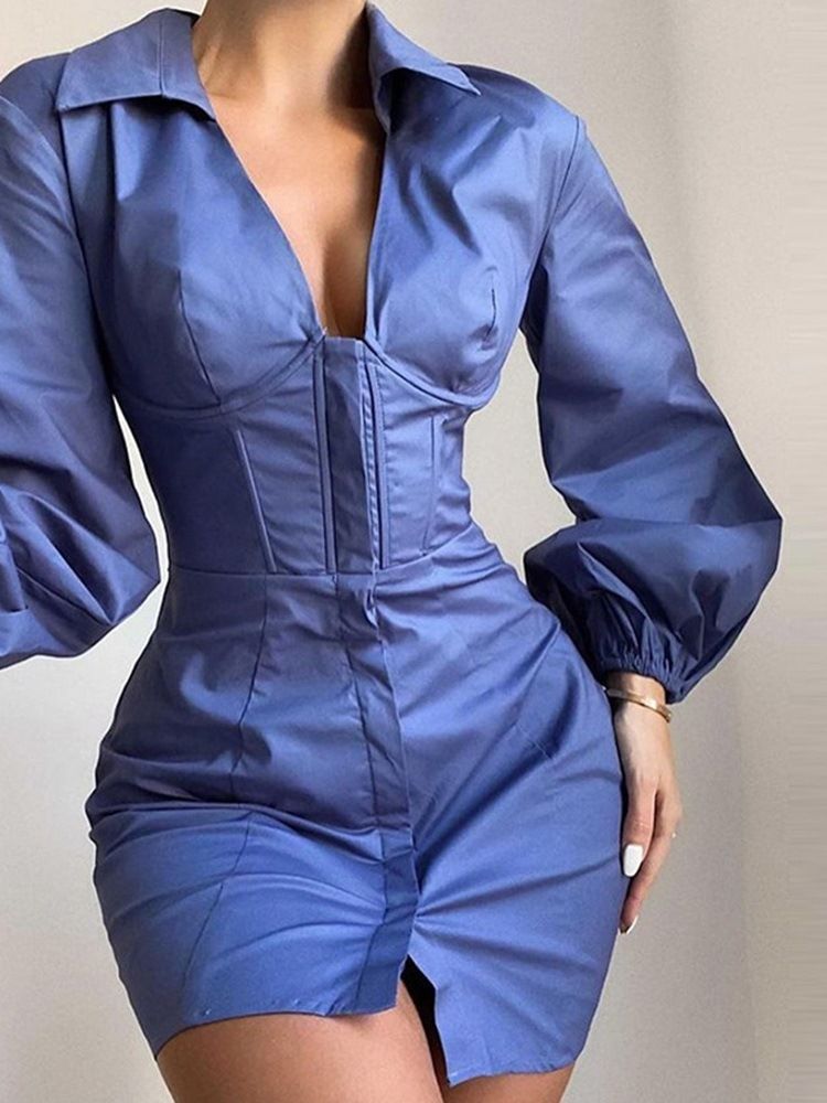 Robe Sexy À Simple Boutonnage À Manches Longues Au-dessus Du Genou Pour Femmes