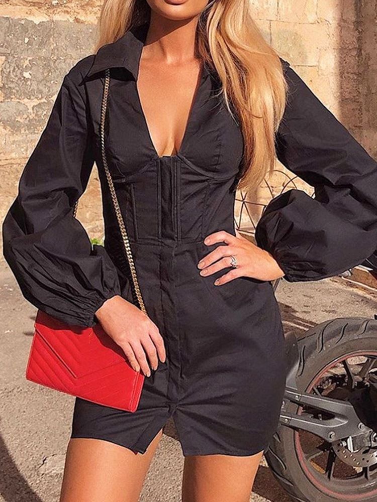 Robe Sexy À Simple Boutonnage À Manches Longues Au-dessus Du Genou Pour Femmes