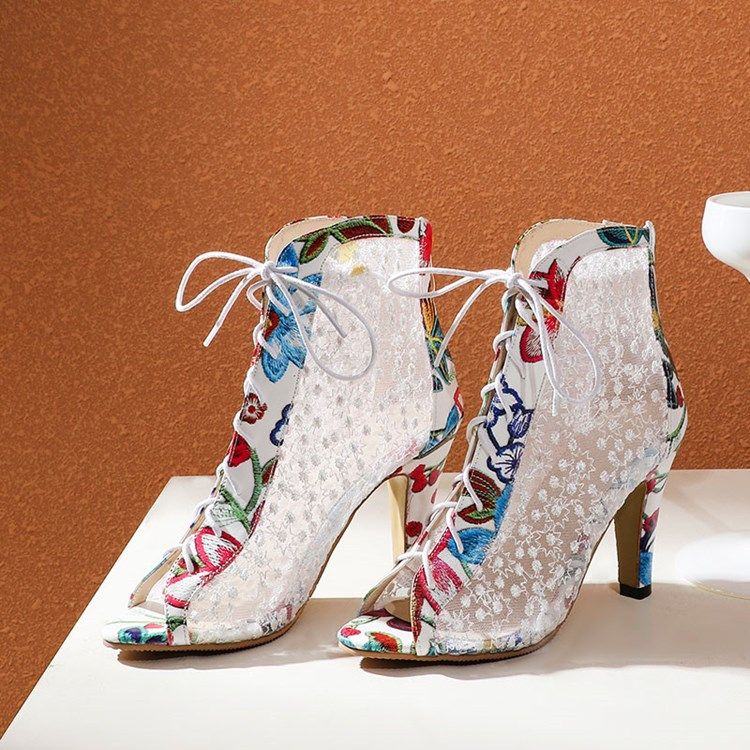 Bottes De Broderie À Talons Épais Et À Bout Ouvert Pour Femmes