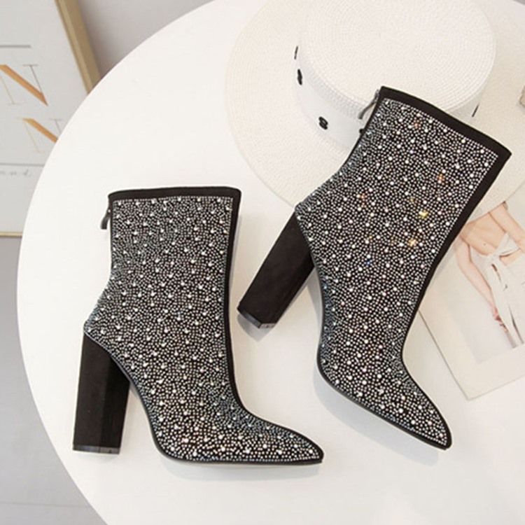 Bottes De Diamant En Coton À Bout Pointu Et À Talon Épais Pour Femmes