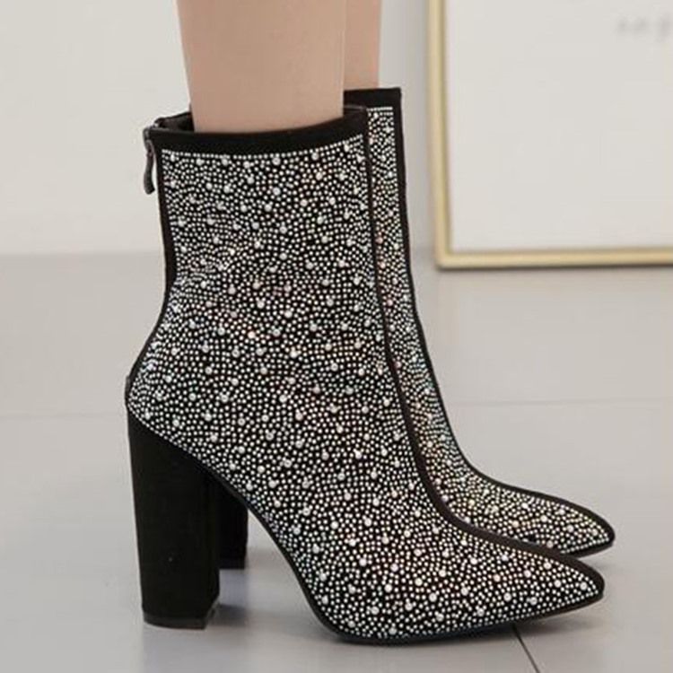 Bottes De Diamant En Coton À Bout Pointu Et À Talon Épais Pour Femmes