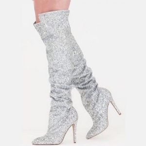 Bottes Hautes En Argent Pour Femmes À Bout Pointu Et Talon Aiguille