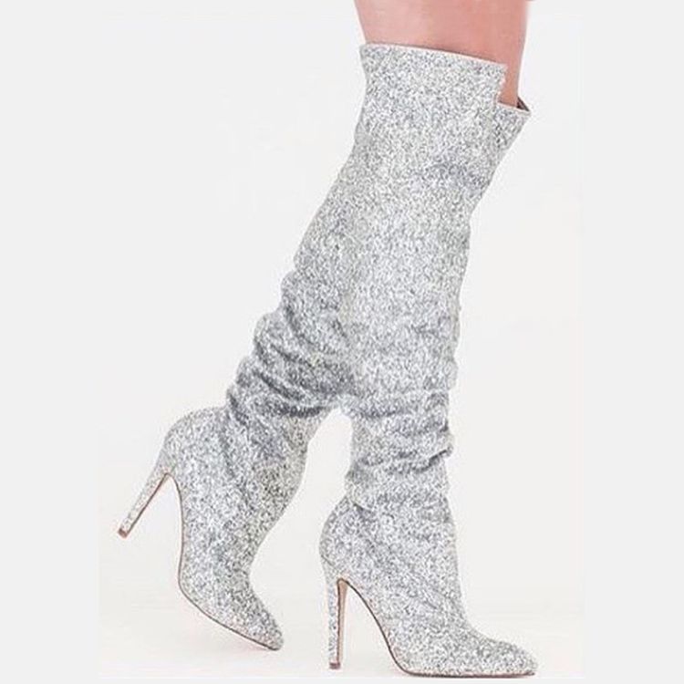 Bottes Hautes En Argent Pour Femmes À Bout Pointu Et Talon Aiguille