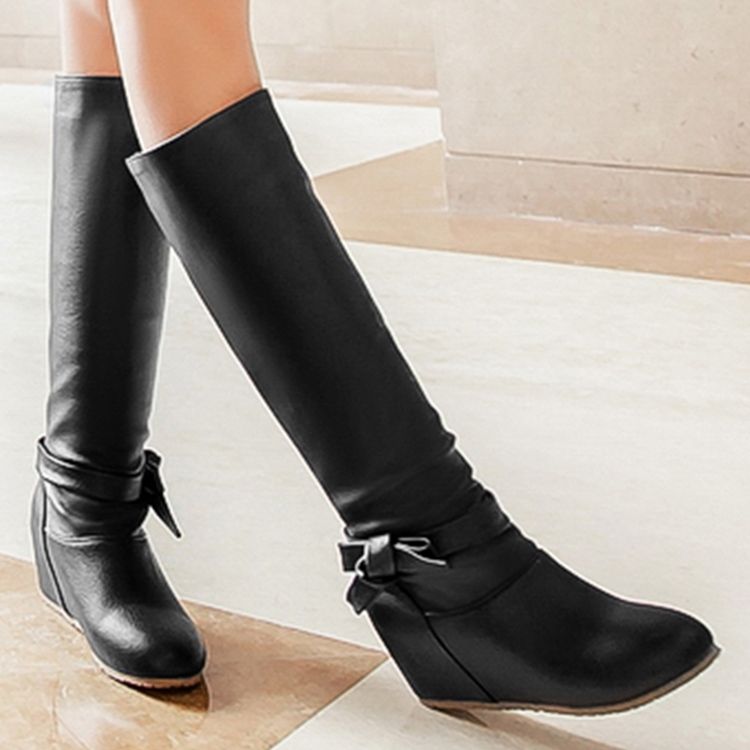 Bottes Hautes Au Genou En Pu Bowknot Pour Femmes