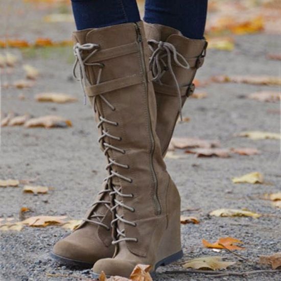 Bottes Hautes Compensées À Lacets Pour Femmes