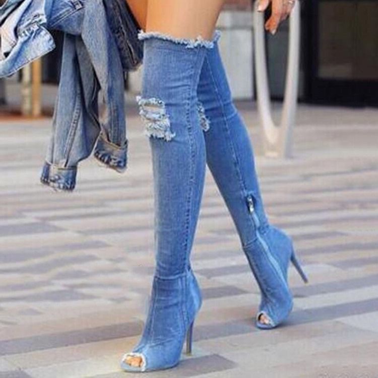 Bottes Hautes En Denim À Fermeture Éclair Latérale Et Bout Ouvert Pour Femmes