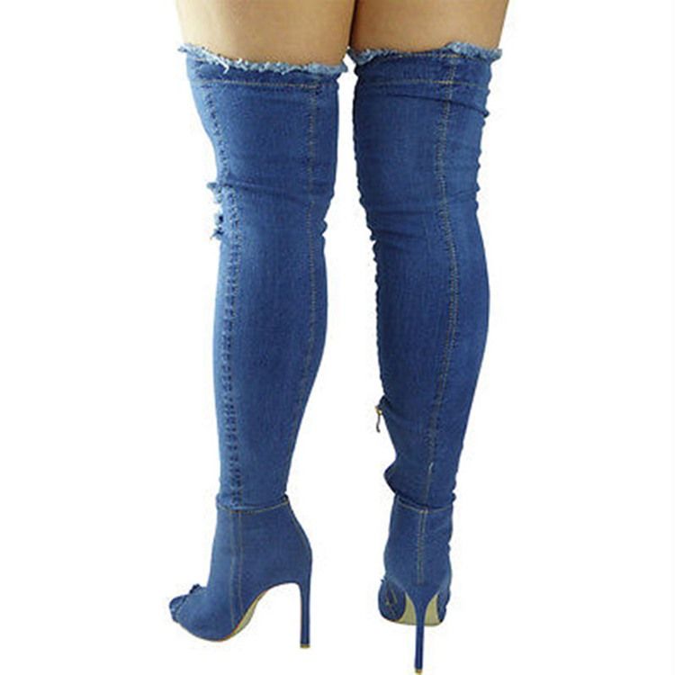 Bottes Hautes En Denim À Fermeture Éclair Latérale Et Bout Ouvert Pour Femmes