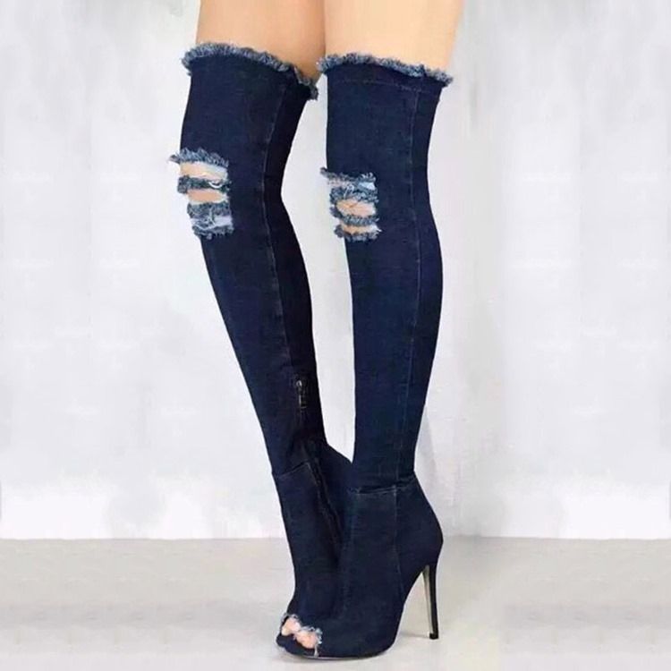 Bottes Hautes En Denim À Fermeture Éclair Latérale Et Bout Ouvert Pour Femmes