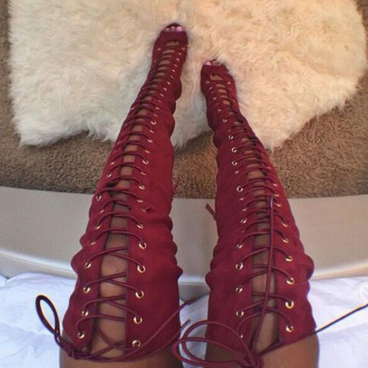 Bottes Hautes À Lacets Rouges Pour Femmes