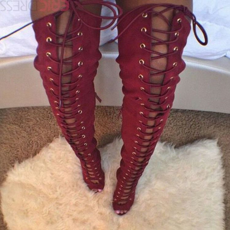 Bottes Hautes À Lacets Rouges Pour Femmes