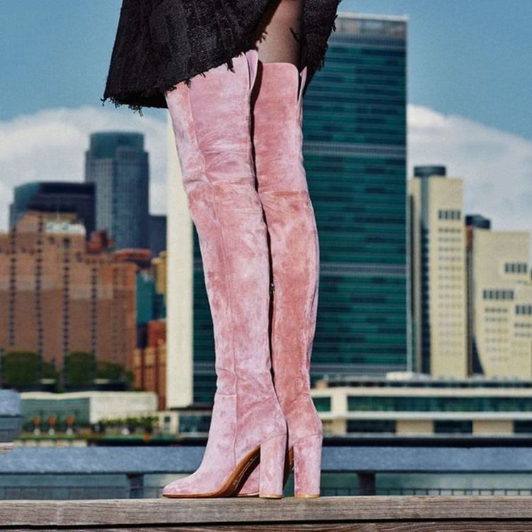 Bottes Hautes À La Mode Pour Femmes En Velours Rose À Talons Épais