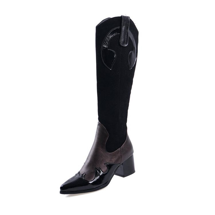 Bottes Hauteur Genou Pour Femmes Bout Pointu Bloc De Couleur Fermeture Éclair Latérale