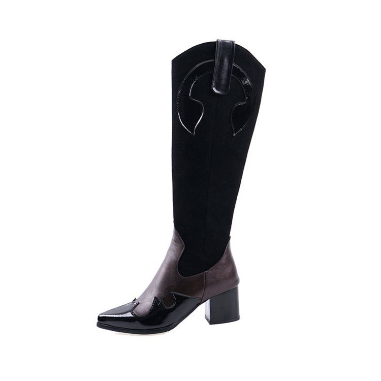 Bottes Hauteur Genou Pour Femmes Bout Pointu Bloc De Couleur Fermeture Éclair Latérale