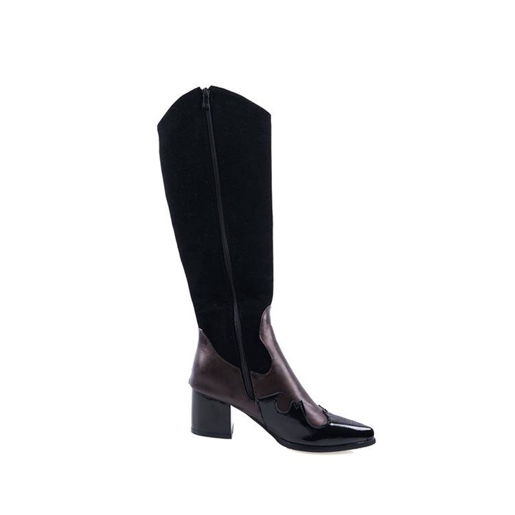 Bottes Hauteur Genou Pour Femmes Bout Pointu Bloc De Couleur Fermeture Éclair Latérale