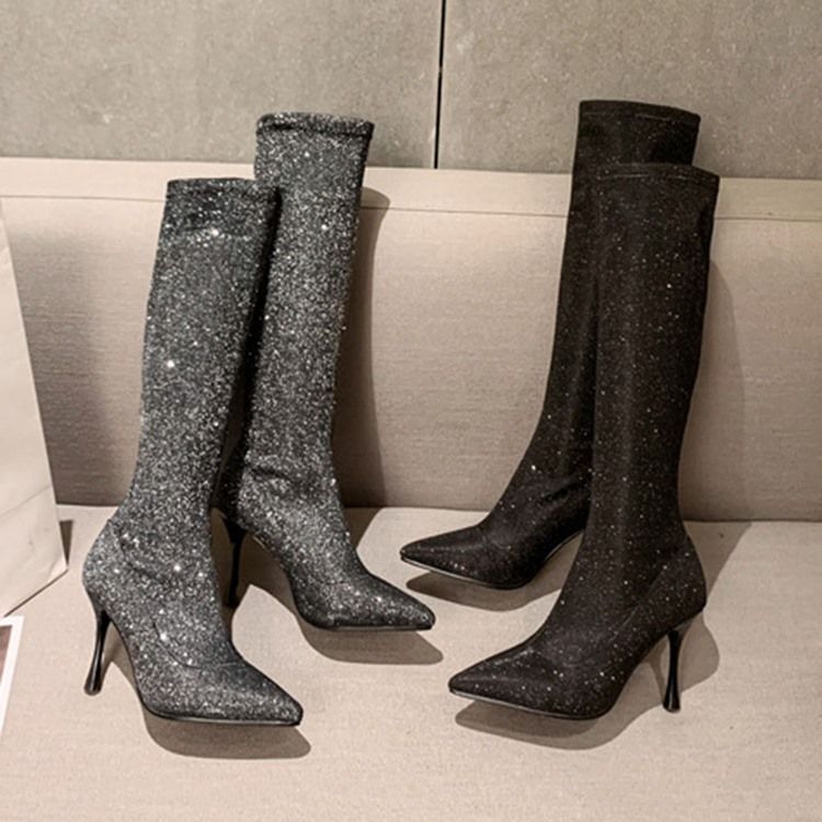 Bottes Hauteur Genou Pailletées À Bout Pointu Et À Enfiler Pour Femmes