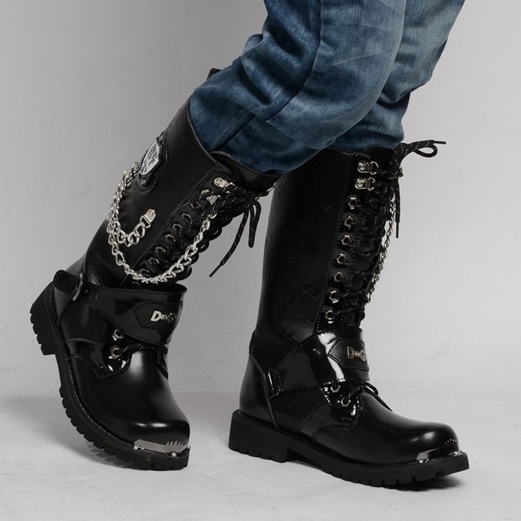 Bottes Pour Hommes À Bout Rond Et À Lacets En Chaîne Unie