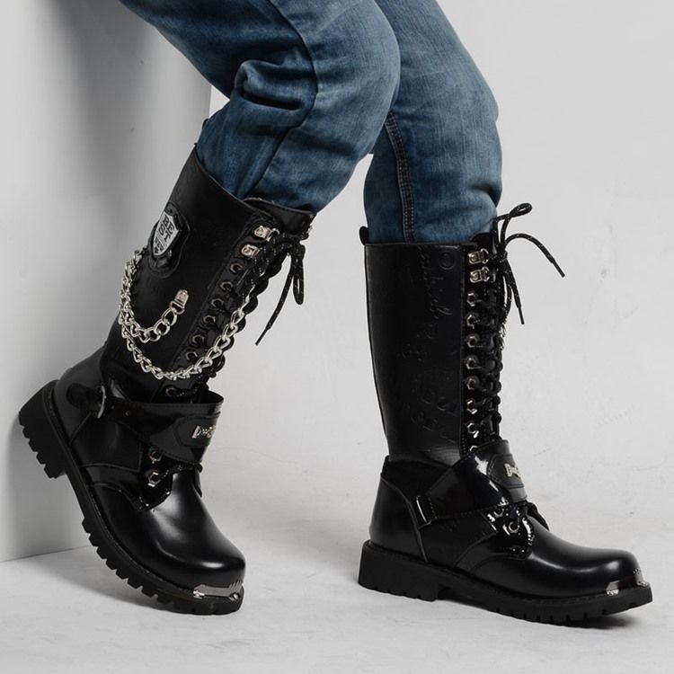 Bottes Pour Hommes À Bout Rond Et À Lacets En Chaîne Unie