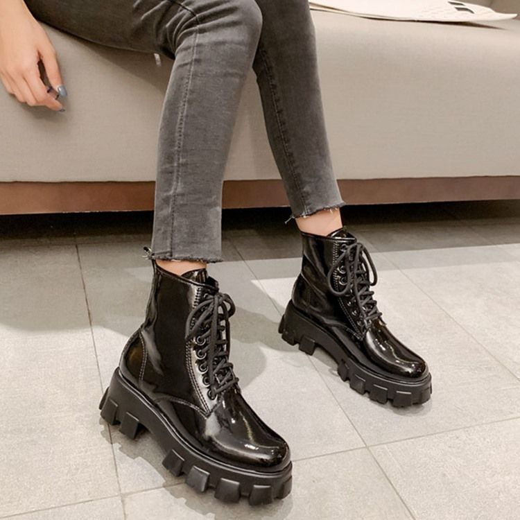 Bottes Martin Pour Femmes À Bout Rond Et À Lacets En Pu