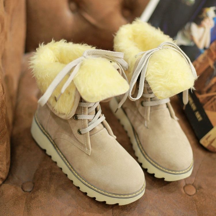 Bottes En Peluche À Bout Rond Et À Lacets Pour Femmes